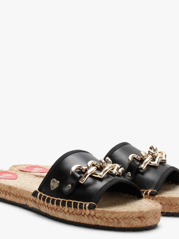 Heart Chain Black Leather Espadrille Sliders