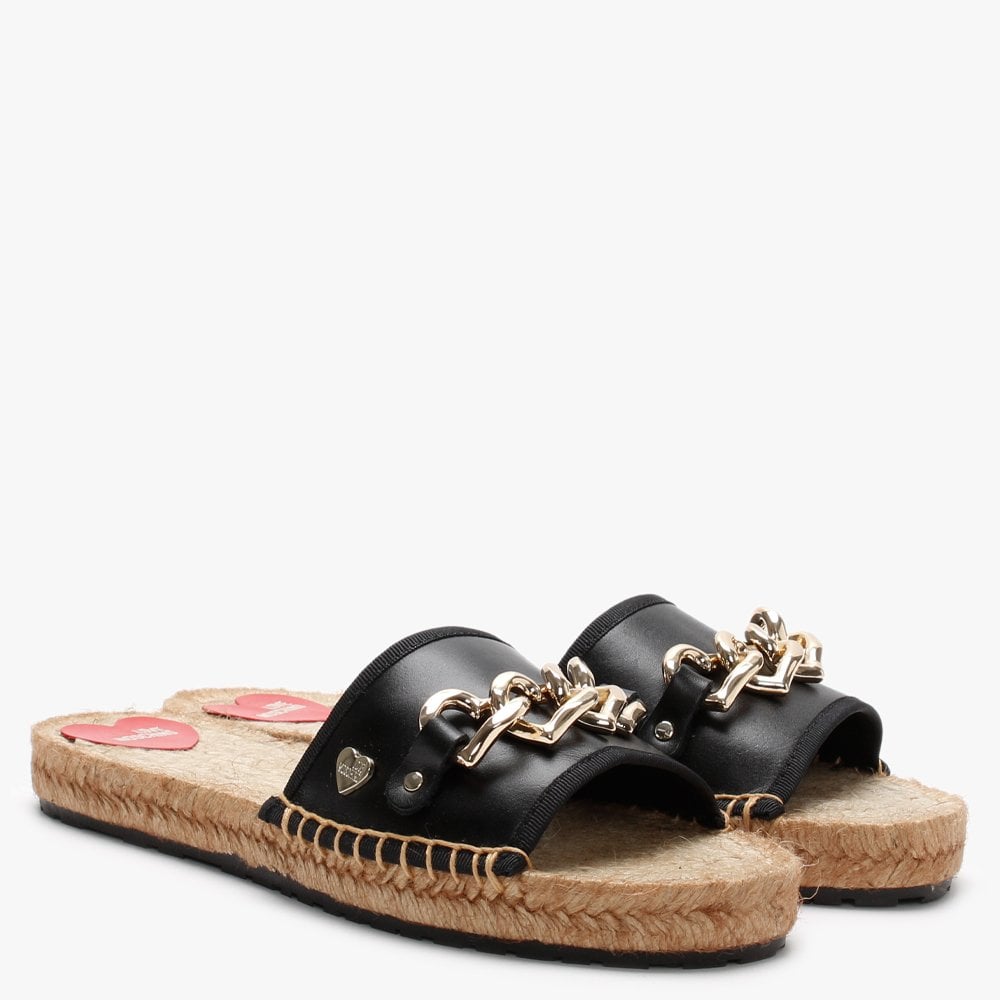 Heart Chain Black Leather Espadrille Sliders