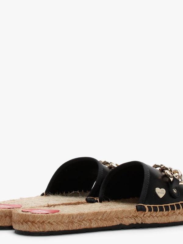 Heart Chain Black Leather Espadrille Sliders