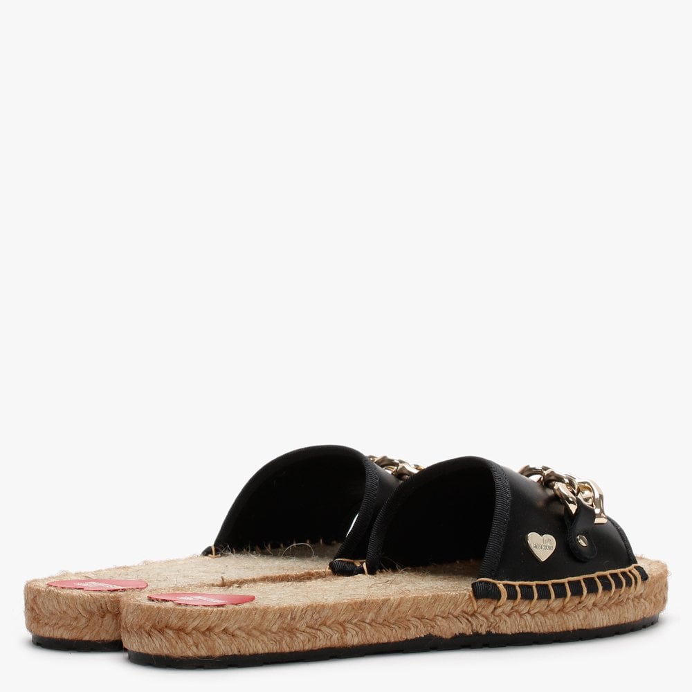 Heart Chain Black Leather Espadrille Sliders
