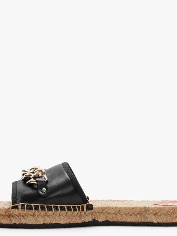 Heart Chain Black Leather Espadrille Sliders