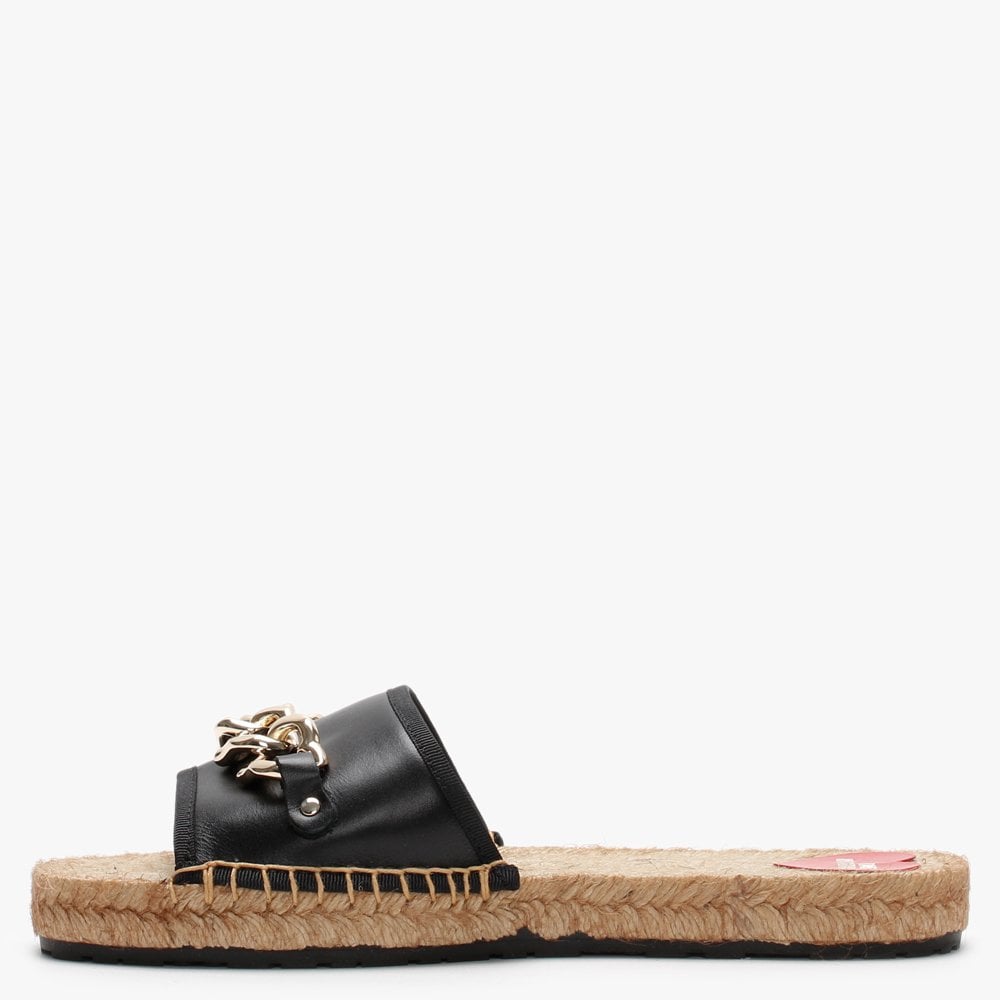 Heart Chain Black Leather Espadrille Sliders