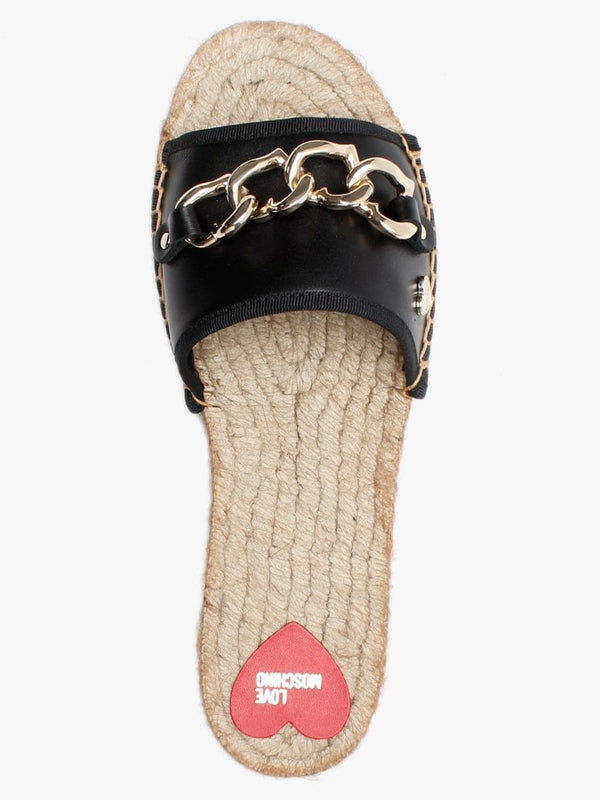 Heart Chain Black Leather Espadrille Sliders