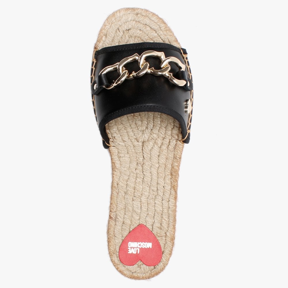 Heart Chain Black Leather Espadrille Sliders
