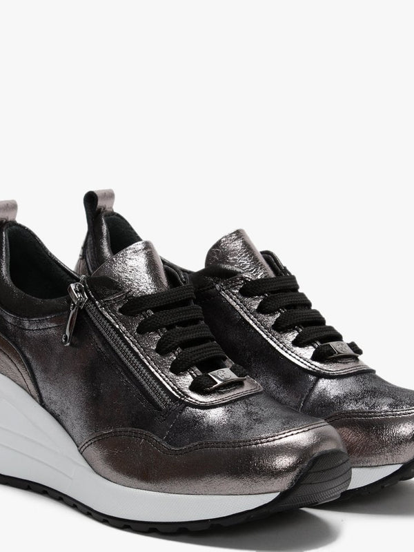 Bethina Pewter Metallic Leather Wedge Trainers