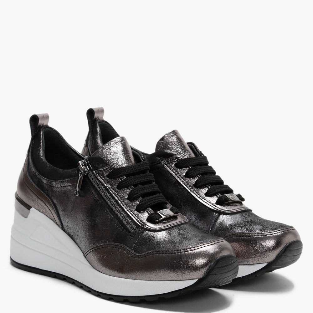 Bethina Pewter Metallic Leather Wedge Trainers