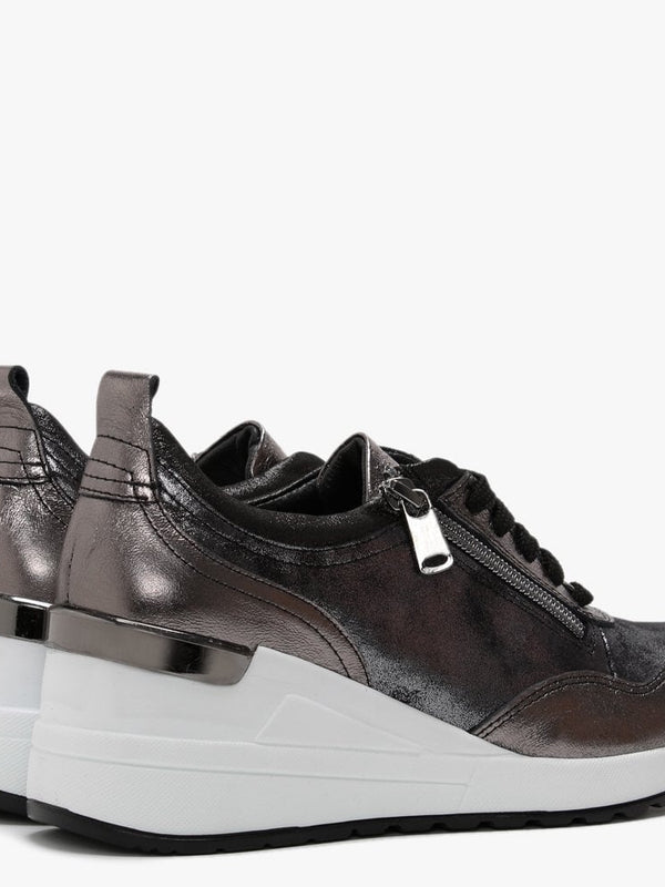 Bethina Pewter Metallic Leather Wedge Trainers
