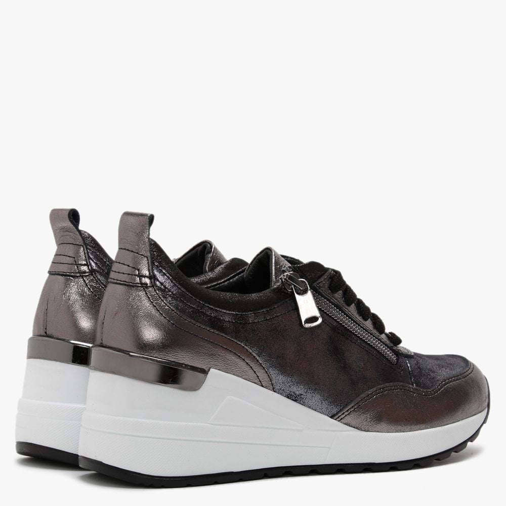 Bethina Pewter Metallic Leather Wedge Trainers