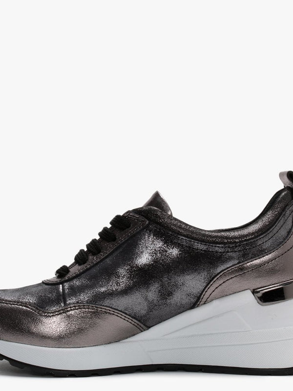 Bethina Pewter Metallic Leather Wedge Trainers