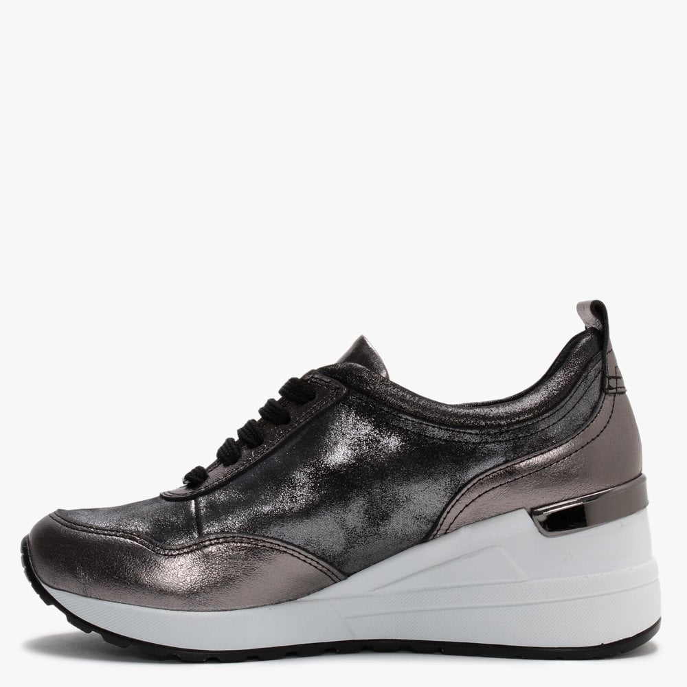 Bethina Pewter Metallic Leather Wedge Trainers