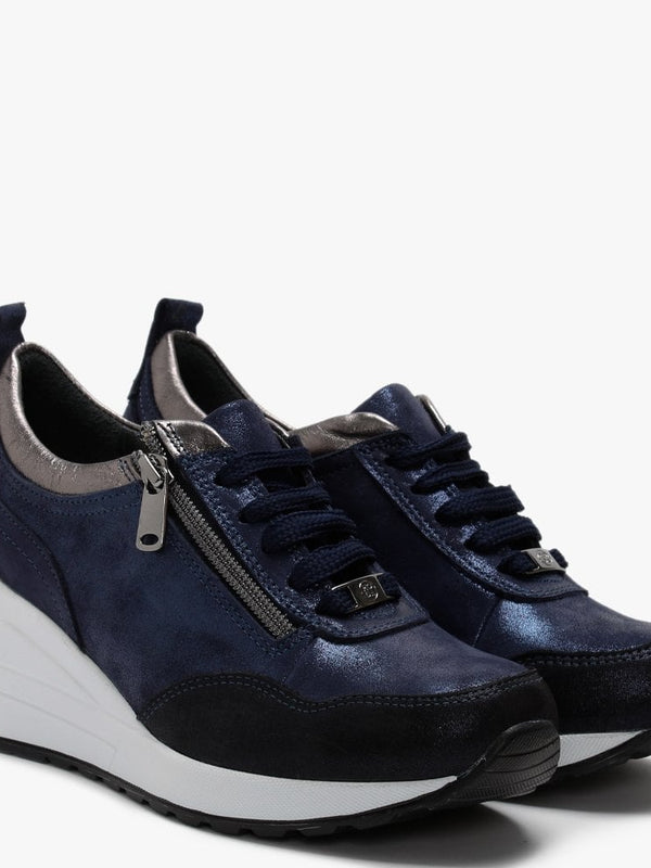 Bethina Navy Metallic Leather Wedge Trainers