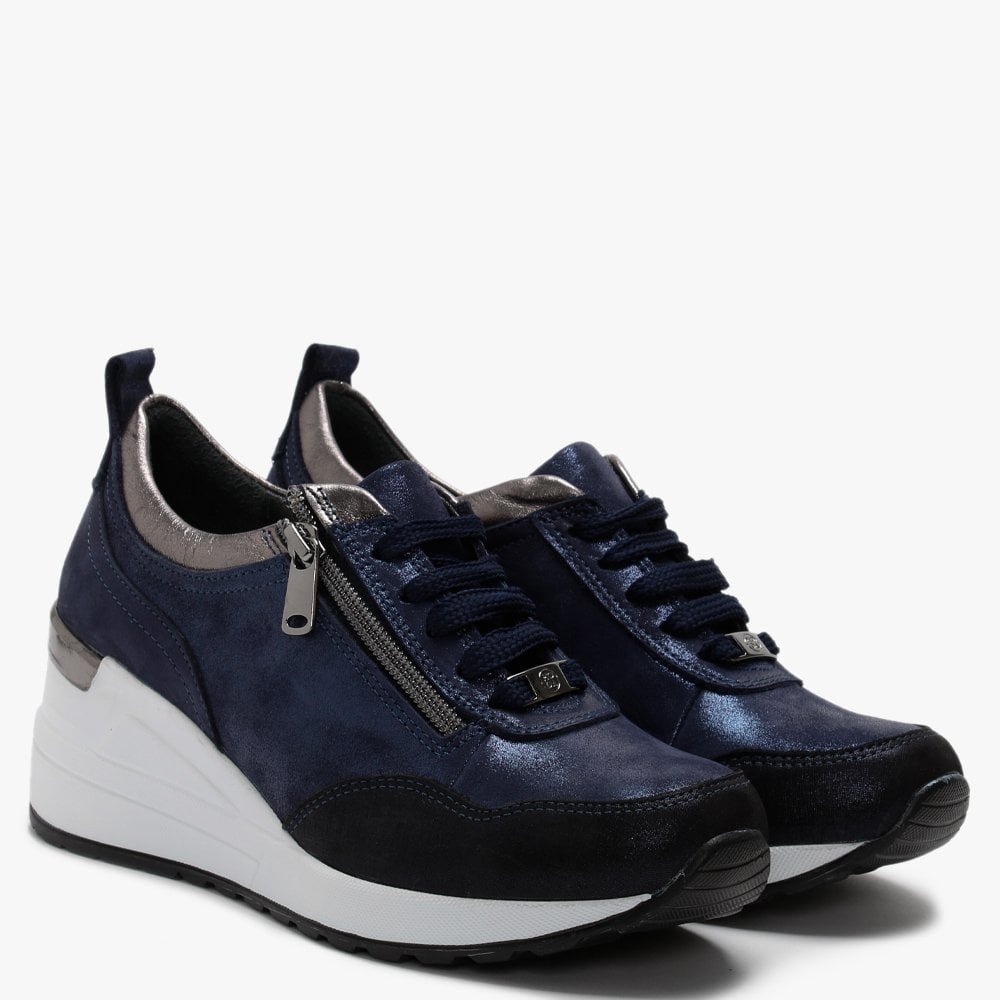 Bethina Navy Metallic Leather Wedge Trainers