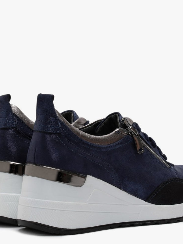 Bethina Navy Metallic Leather Wedge Trainers