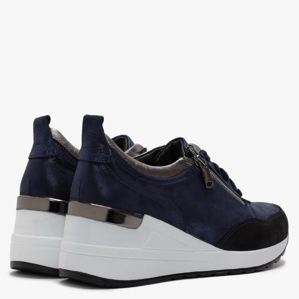 Bethina Navy Metallic Leather Wedge Trainers