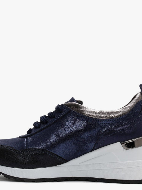 Bethina Navy Metallic Leather Wedge Trainers