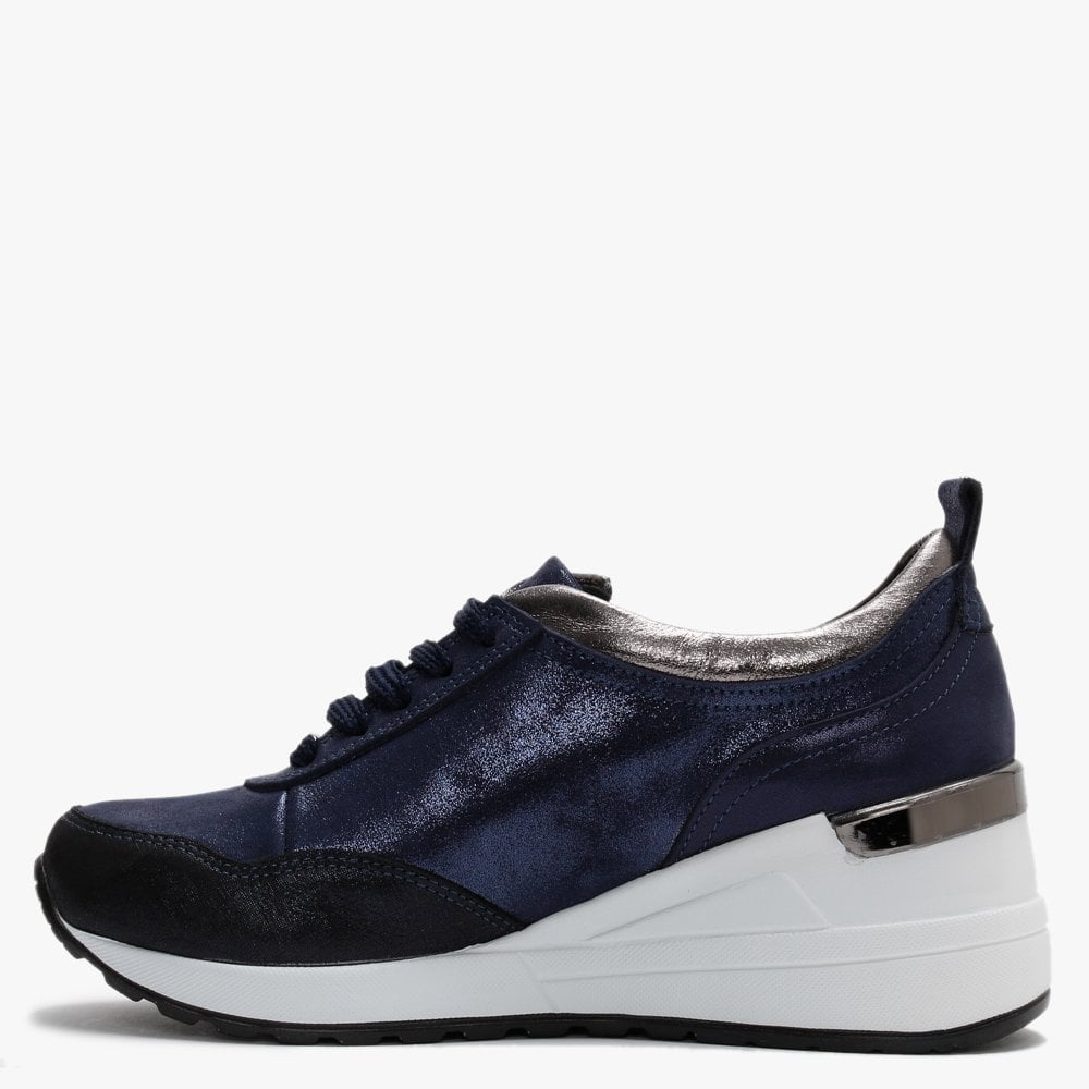 Bethina Navy Metallic Leather Wedge Trainers