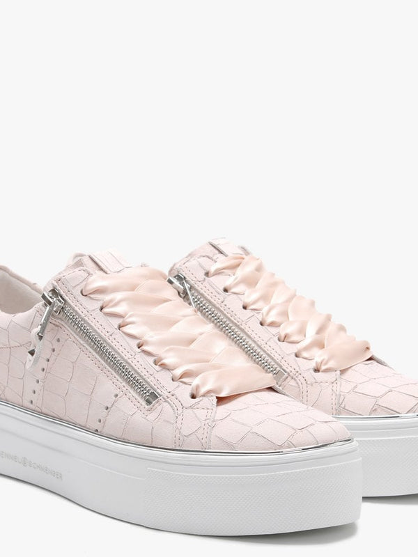 Parry Pink Moc Croc Leather Double Zip Ribbon Lace Trainers