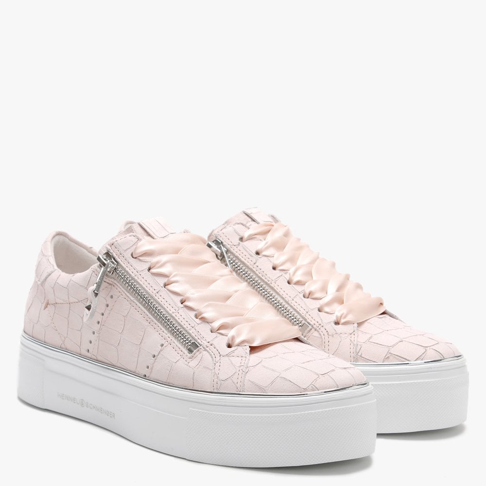 Parry Pink Moc Croc Leather Double Zip Ribbon Lace Trainers