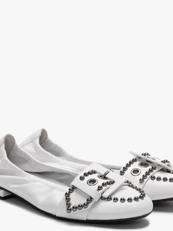 Malu White Leather Studded Buckle Ballet Pumps