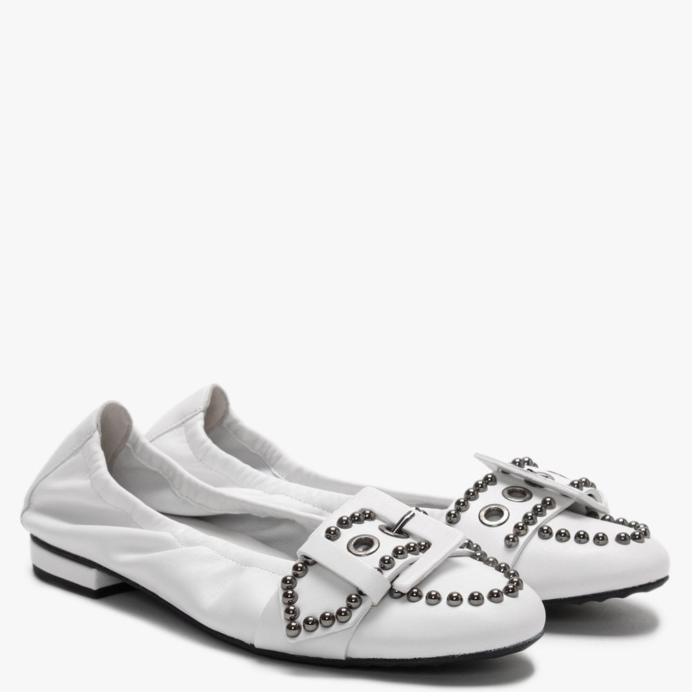 Malu White Leather Studded Buckle Ballet Pumps