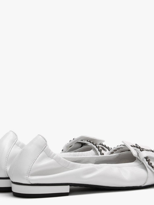 Malu White Leather Studded Buckle Ballet Pumps