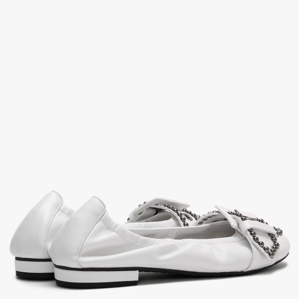 Malu White Leather Studded Buckle Ballet Pumps
