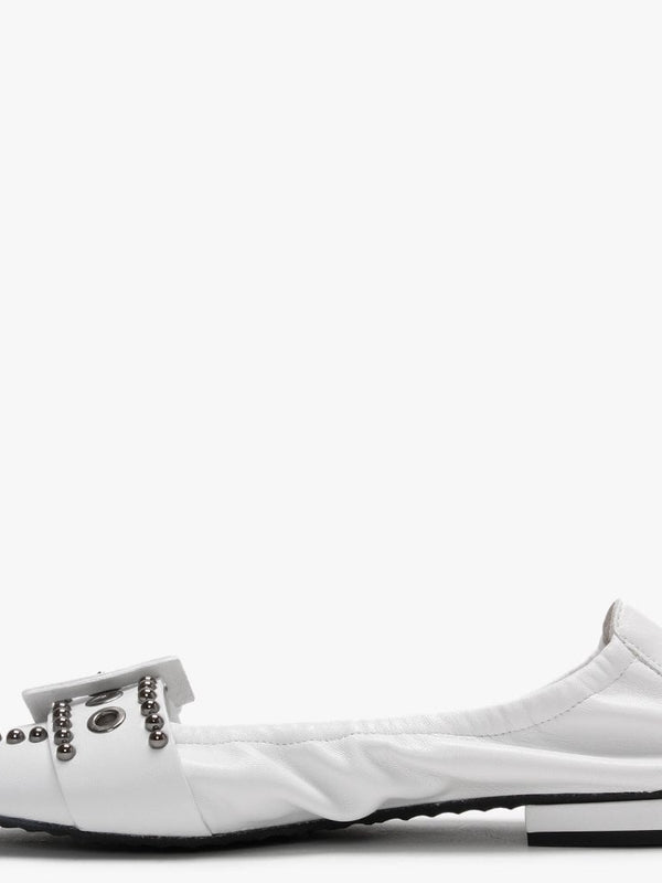 Malu White Leather Studded Buckle Ballet Pumps