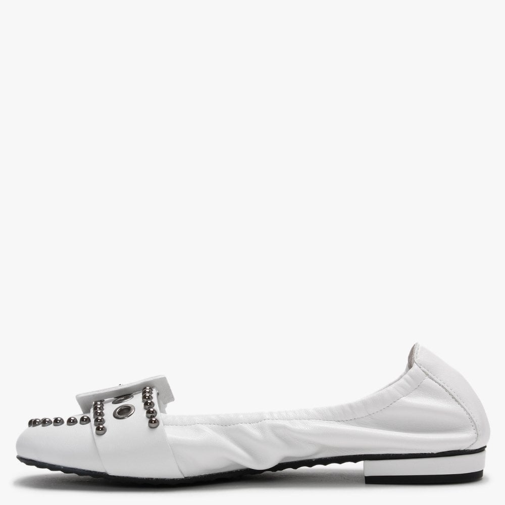 Malu White Leather Studded Buckle Ballet Pumps