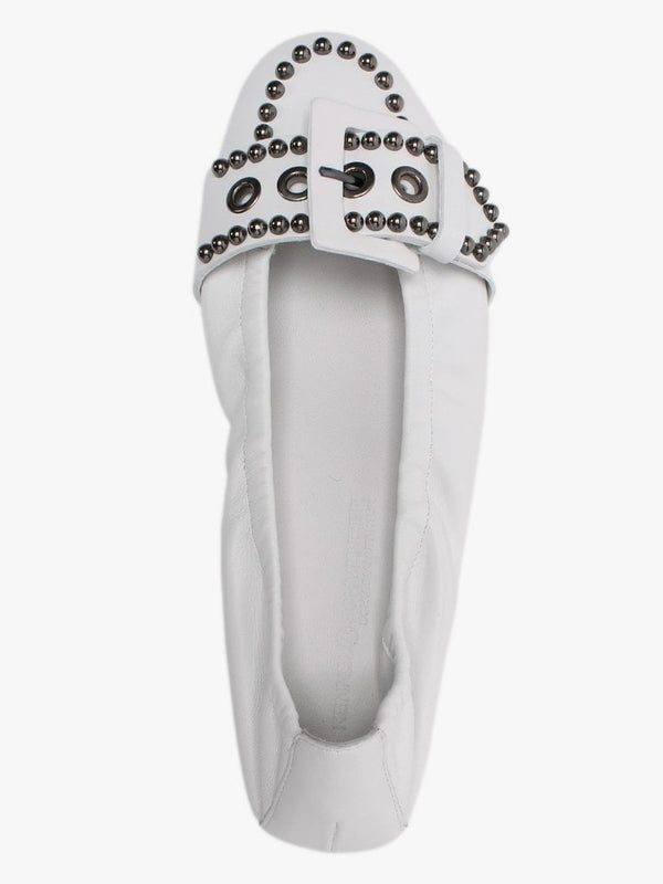 Malu White Leather Studded Buckle Ballet Pumps