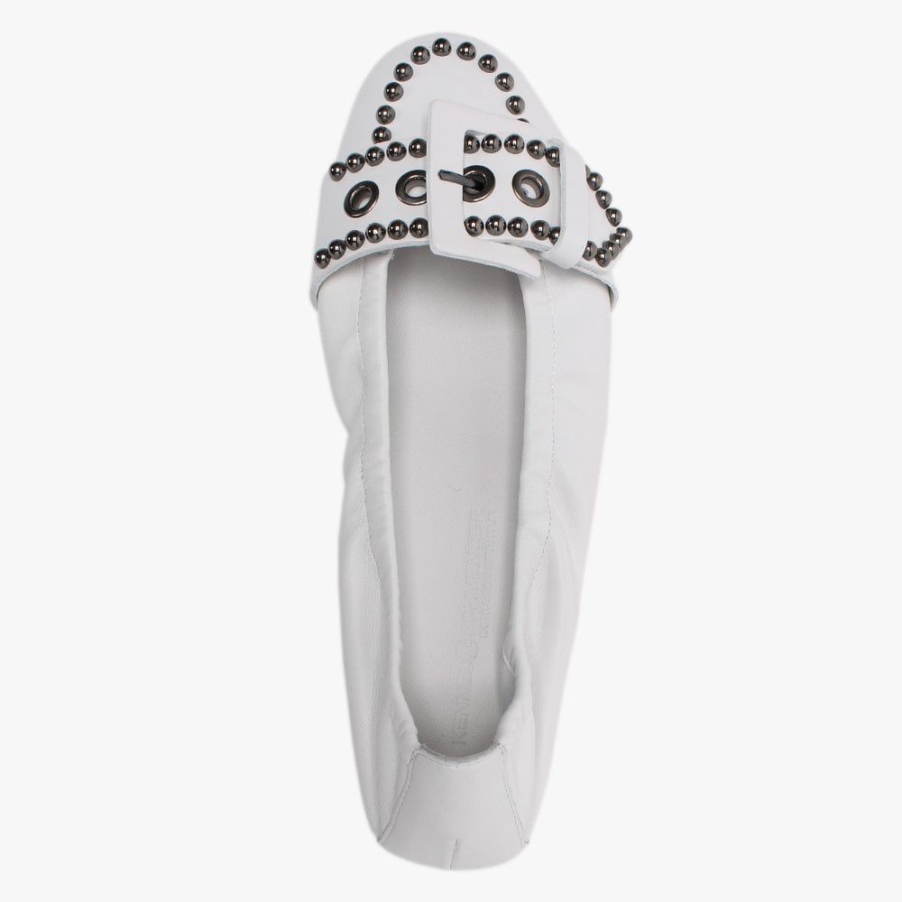 Malu White Leather Studded Buckle Ballet Pumps
