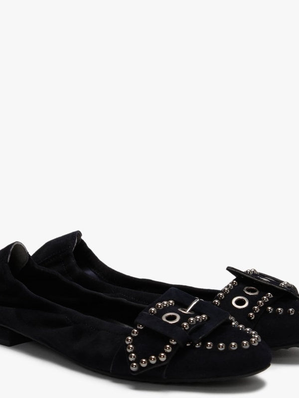 Malu Navy Suede Studded Buckle Ballet Pumps