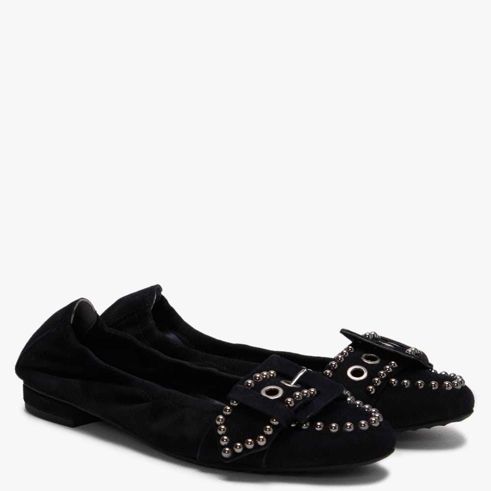 Malu Navy Suede Studded Buckle Ballet Pumps
