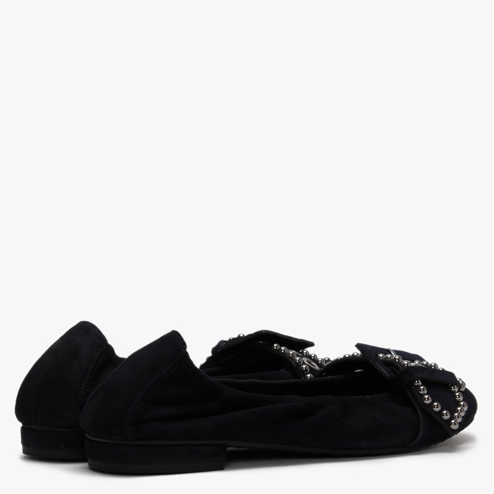 Malu Navy Suede Studded Buckle Ballet Pumps