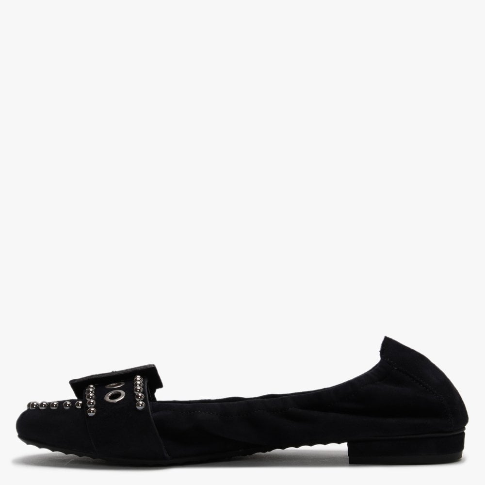 Malu Navy Suede Studded Buckle Ballet Pumps