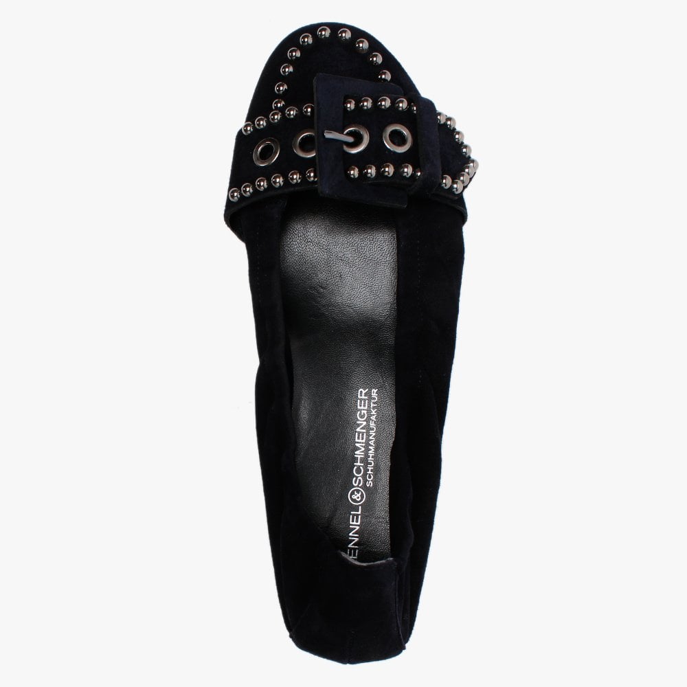Malu Navy Suede Studded Buckle Ballet Pumps