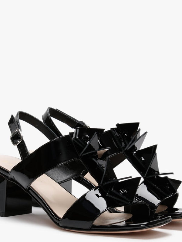 Jaylene Patent Black Leather Geometric Heel Sandals
