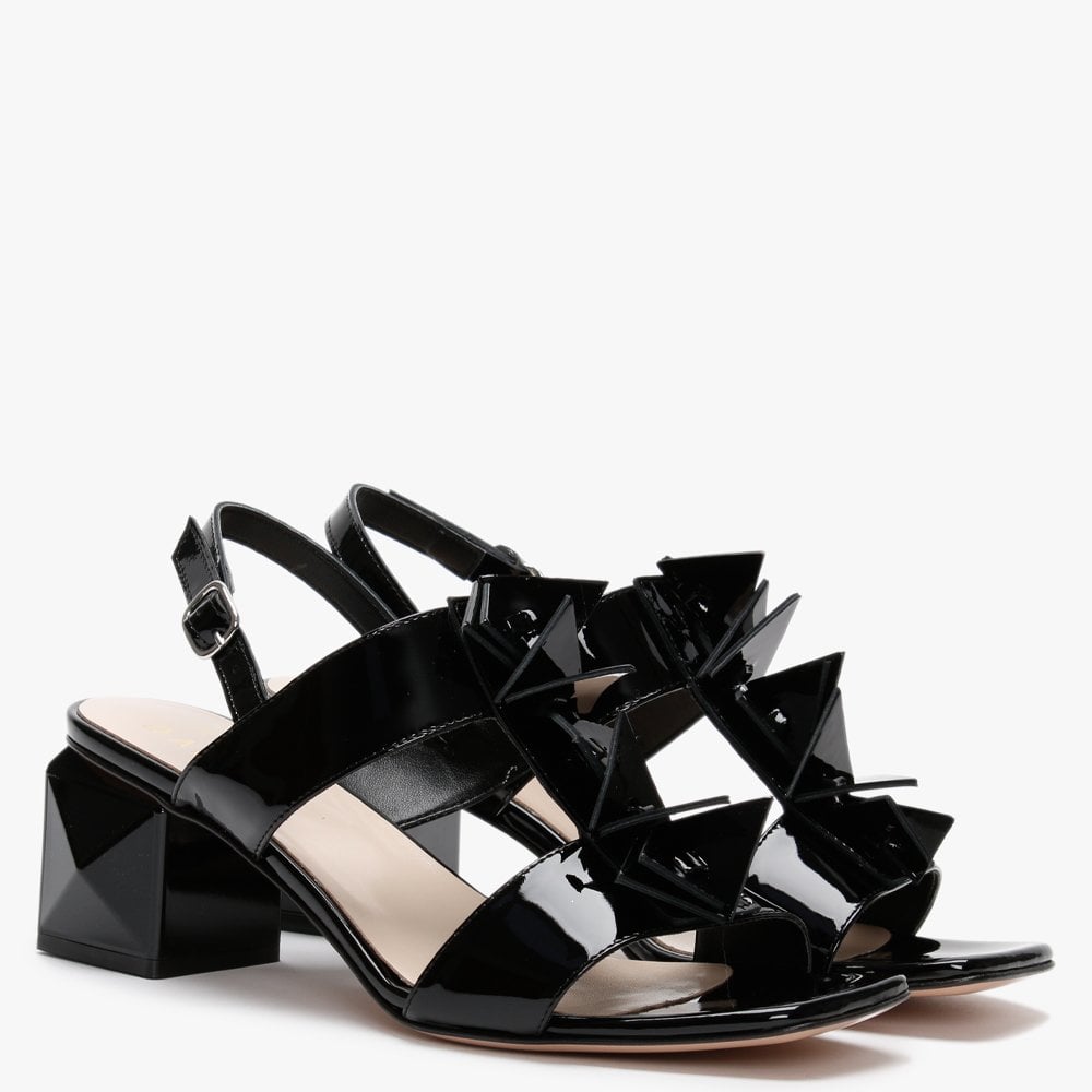 Jaylene Patent Black Leather Geometric Heel Sandals