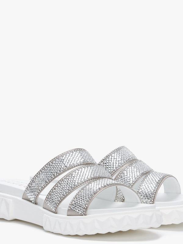 Joan White Leather Embellished Chunky Sliders
