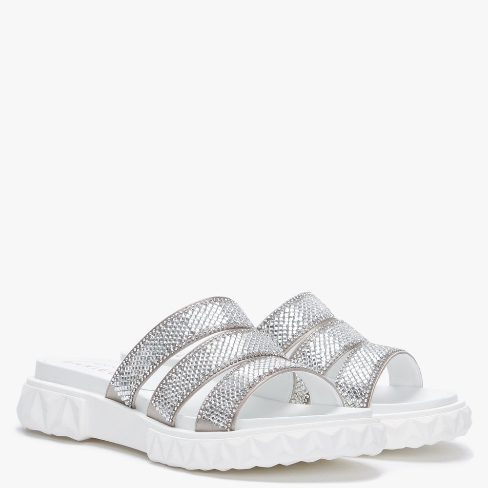 Joan White Leather Embellished Chunky Sliders