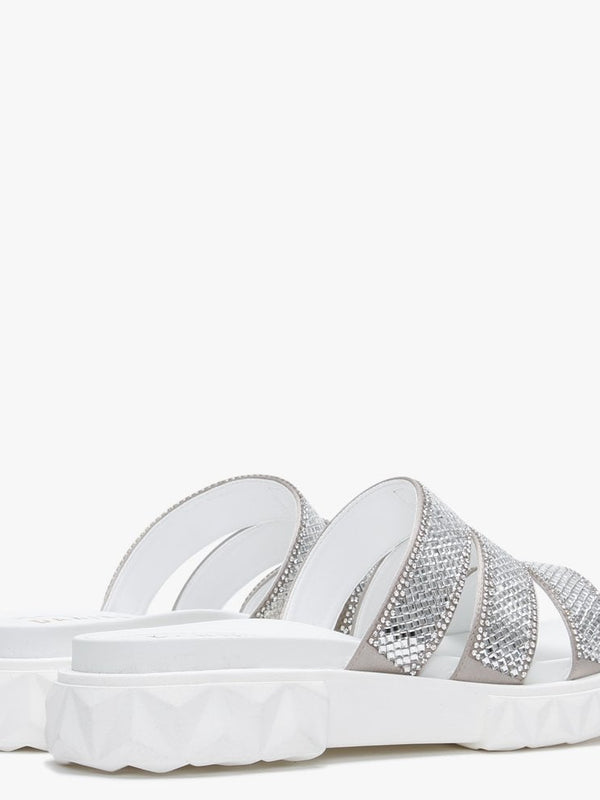 Joan White Leather Embellished Chunky Sliders