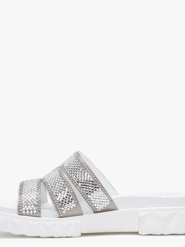 Joan White Leather Embellished Chunky Sliders