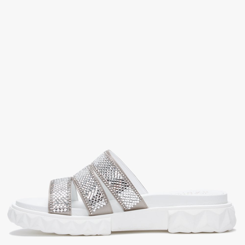 Joan White Leather Embellished Chunky Sliders