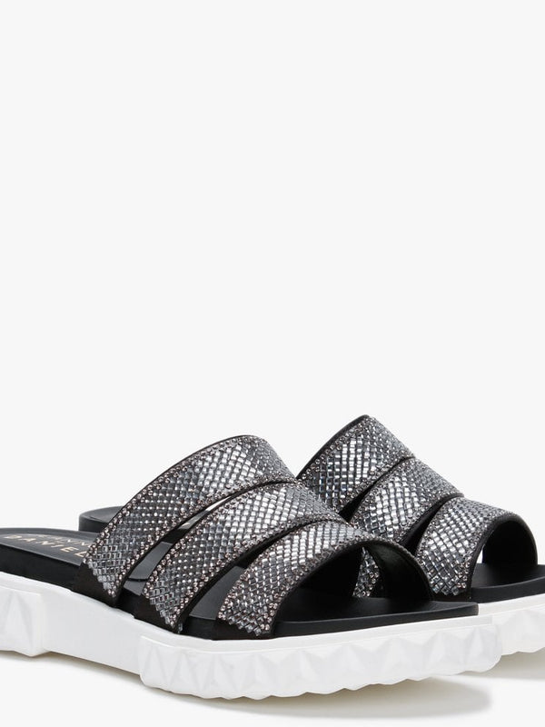 Joan Black Leather Embellished Chunky Sliders