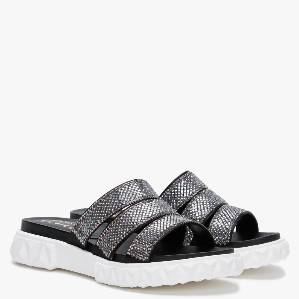 Joan Black Leather Embellished Chunky Sliders