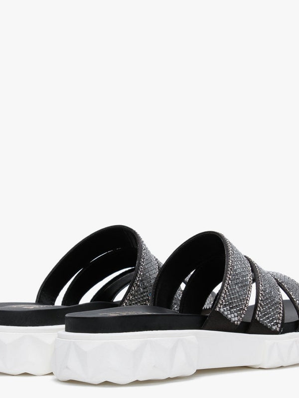 Joan Black Leather Embellished Chunky Sliders