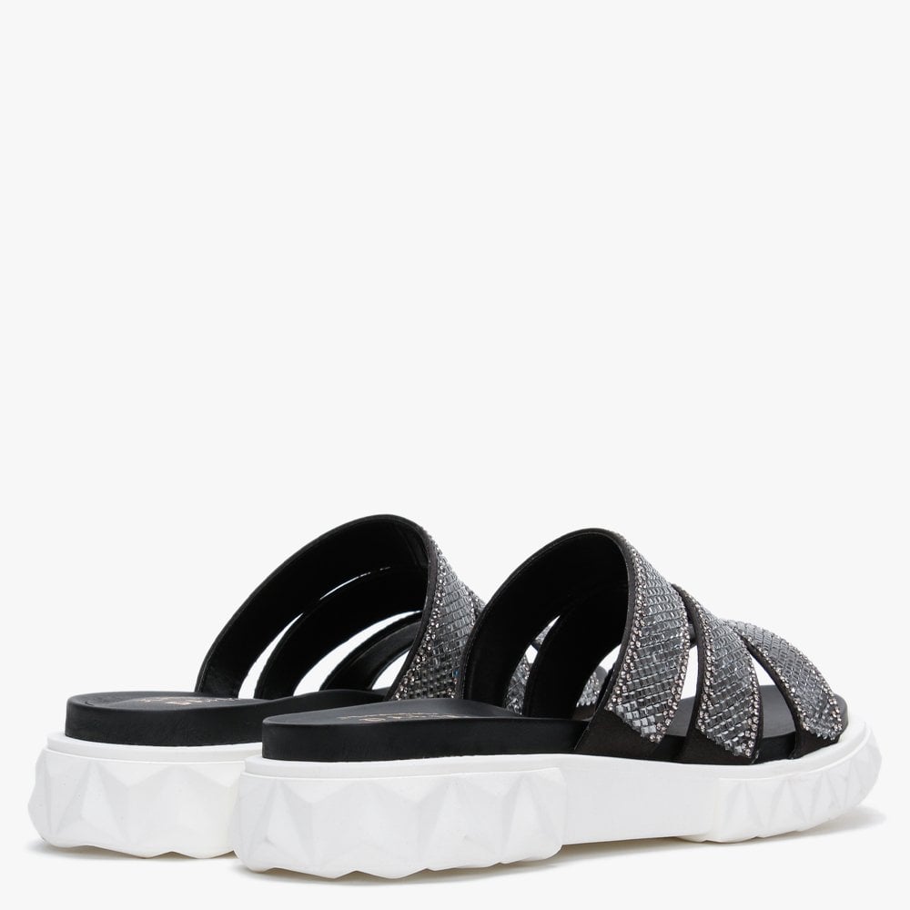 Joan Black Leather Embellished Chunky Sliders