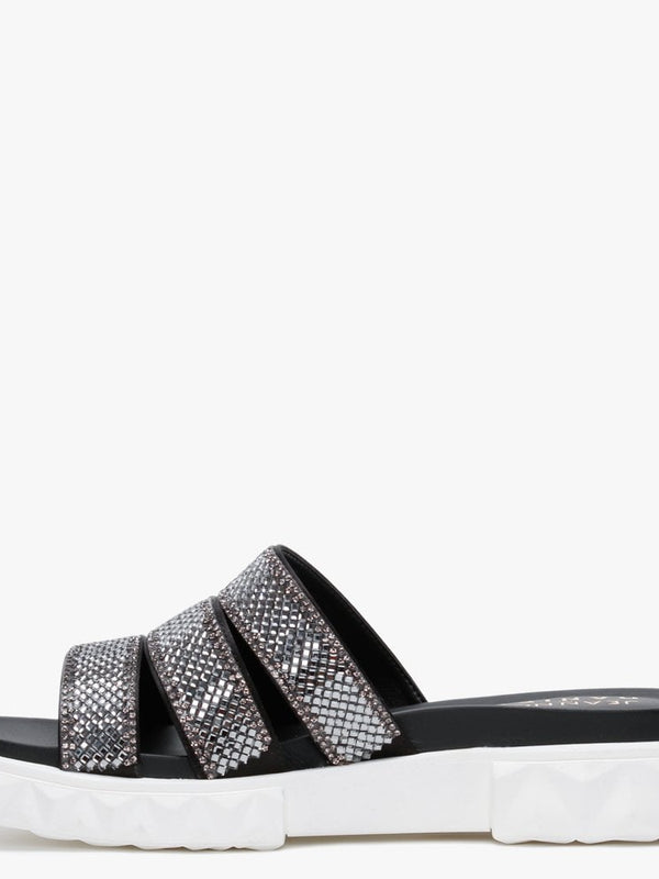 Joan Black Leather Embellished Chunky Sliders