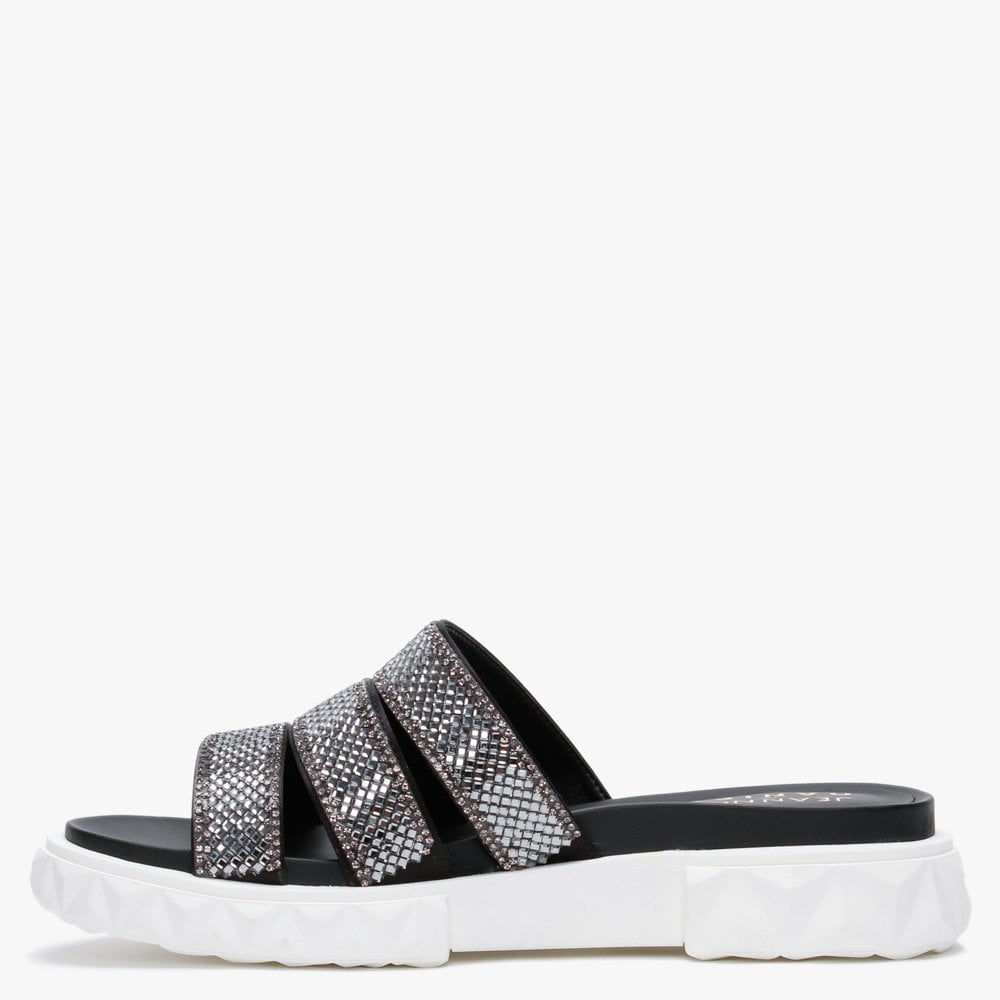 Joan Black Leather Embellished Chunky Sliders