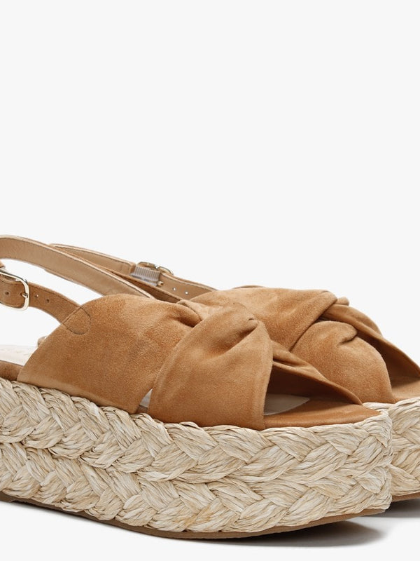 Julianna Tan Suede Knotted Chunky Woven Flatform Sandals