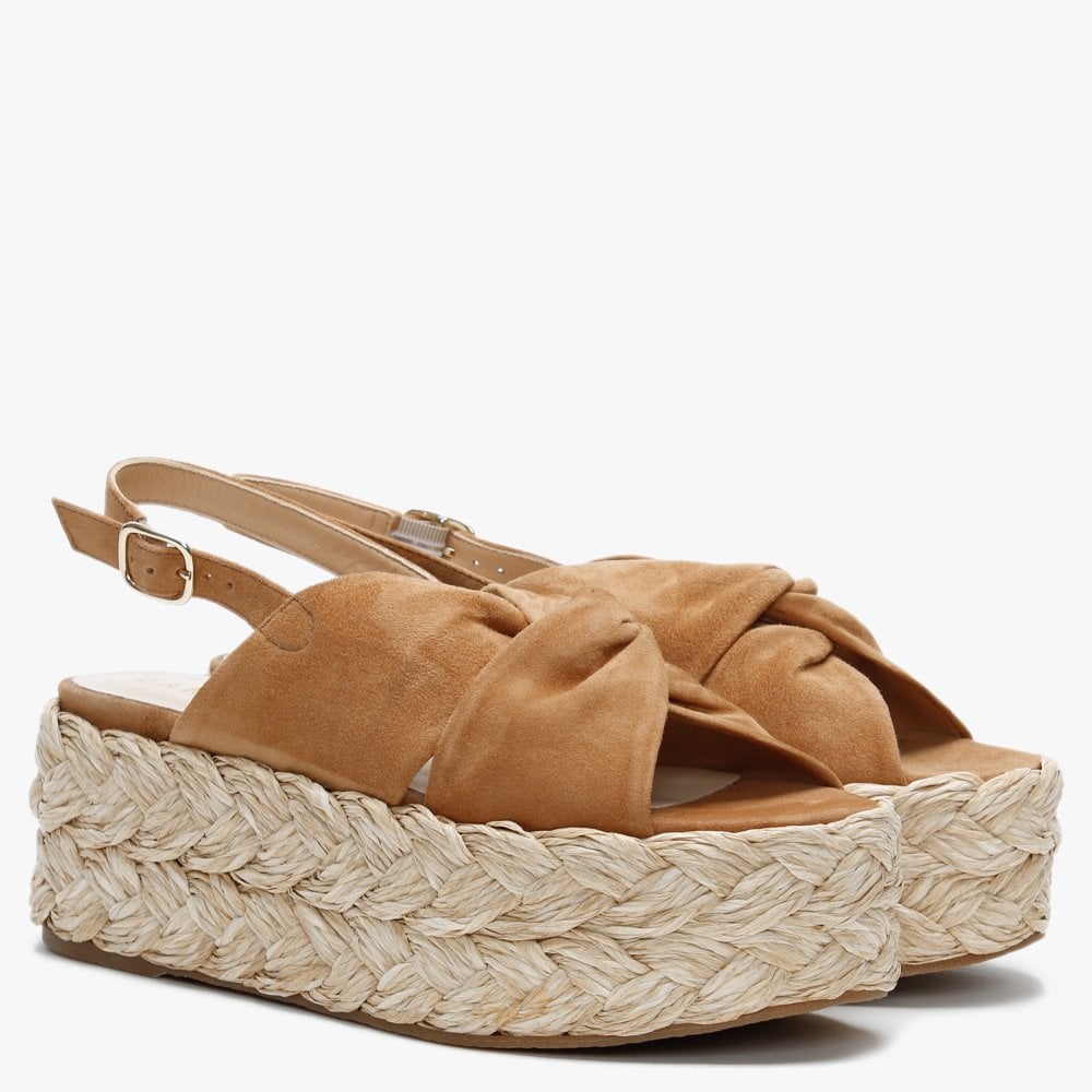 Julianna Tan Suede Knotted Chunky Woven Flatform Sandals